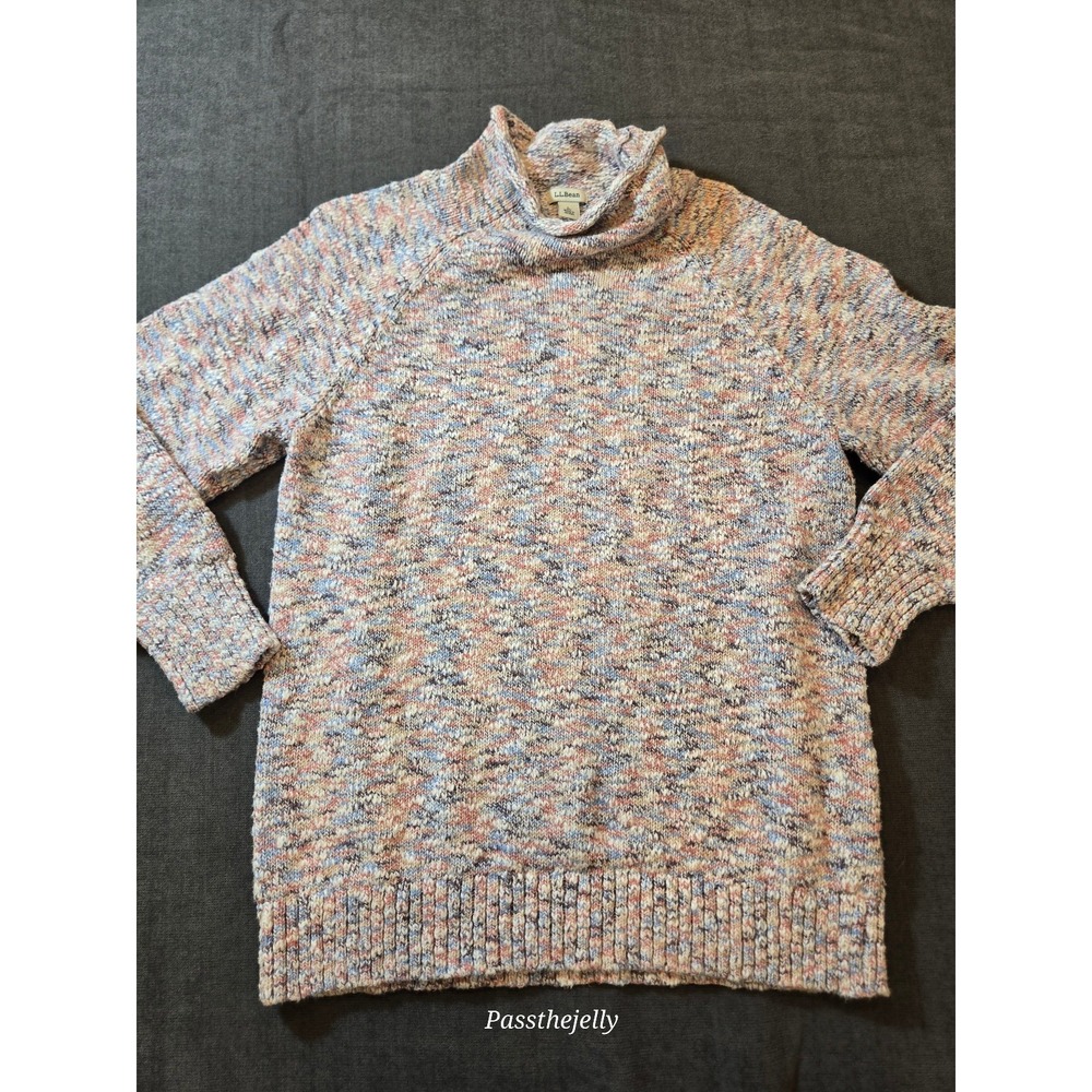 LL Bean Sweater Women Large Ragg Knit Heavy Cotton Funnel Roll Neck Heather